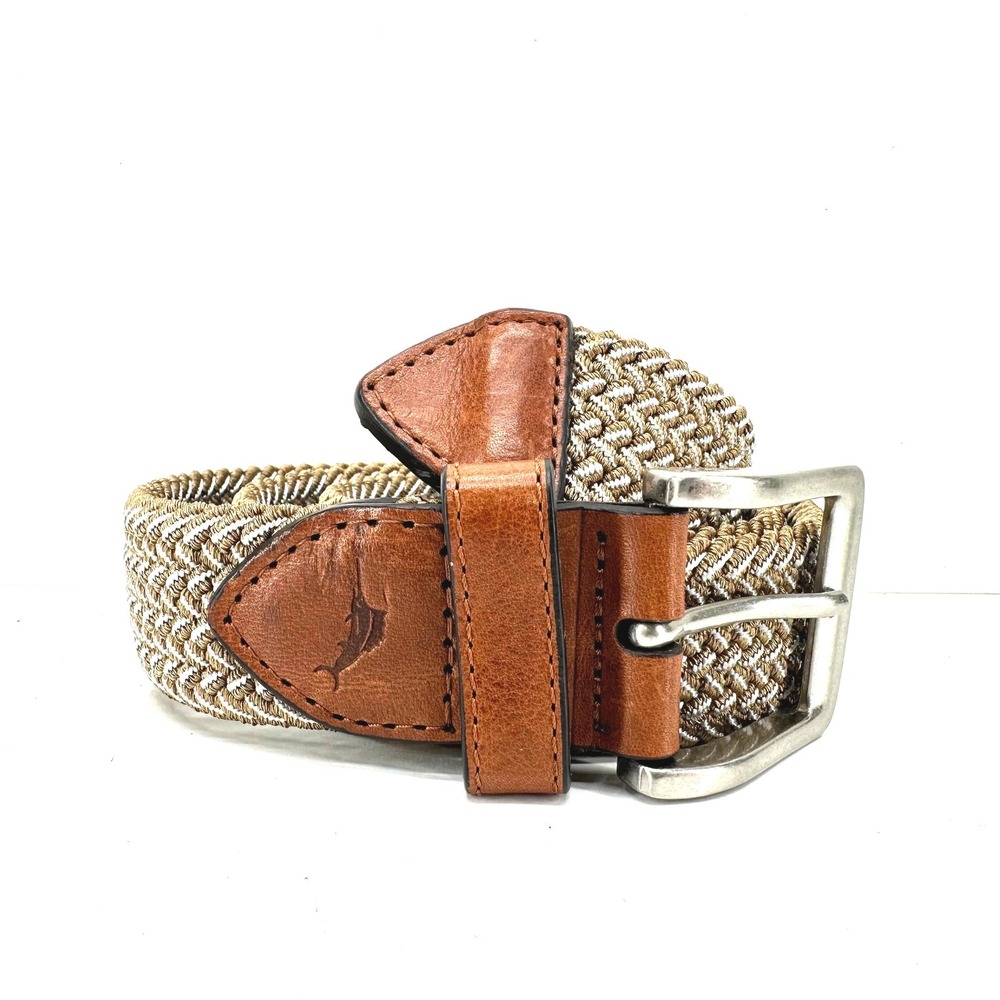 Tommy Bahama Belt Mens S 30-32 Two-Tone Stretch Webbed Leather Braided Woven